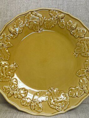 Bordallo Pinheiro Turkey Yellow Dinner Plate Acorns Farm Decor 11' Thanksgiving